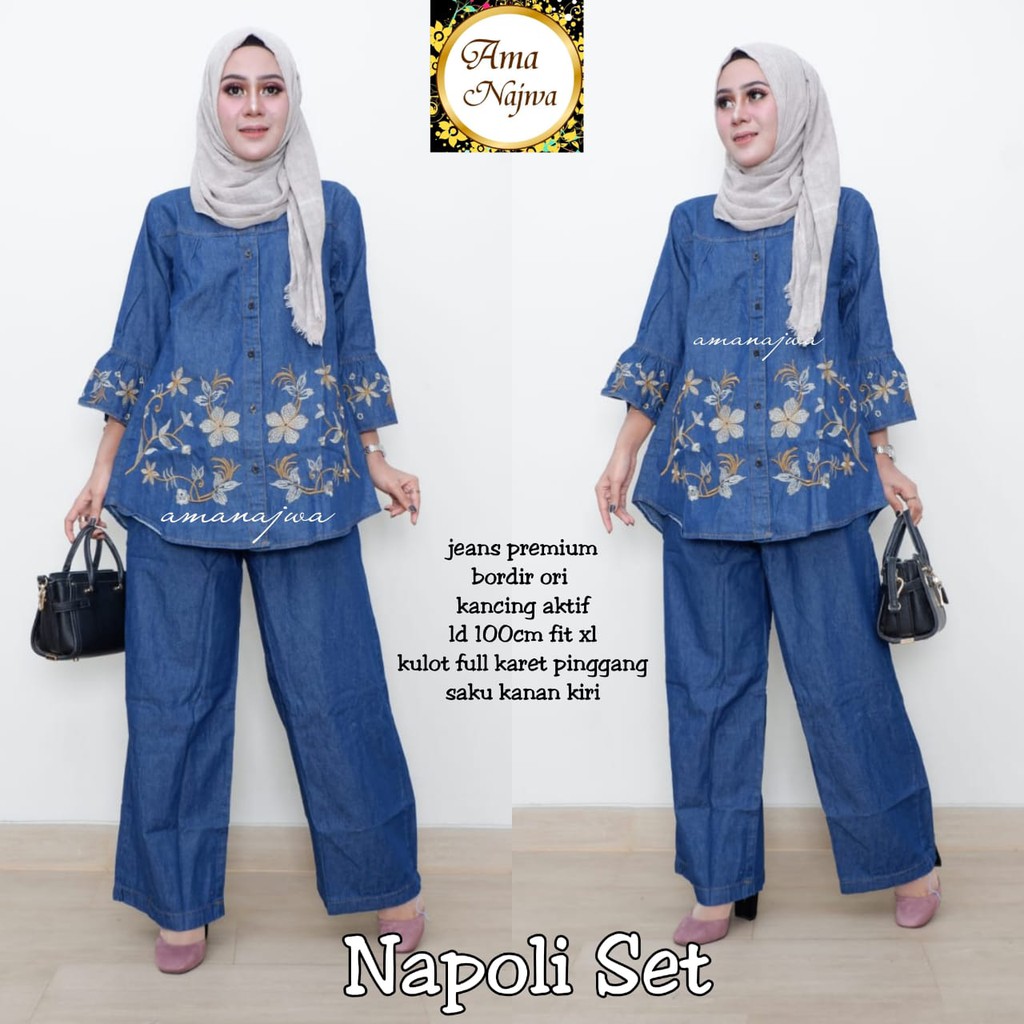 napoli set setelan baju wanita jeans wash puff premium murah