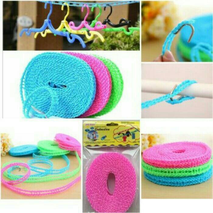 Tali Jemuran Pakaian 5 Meter Super Praktis Gantungan Baju Clothes Line + Hook