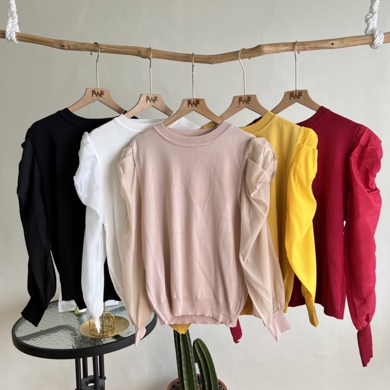 Puffed Sleeves Knit Sweater / Atasan Rajut Baju Import Wanita Lengan Balon