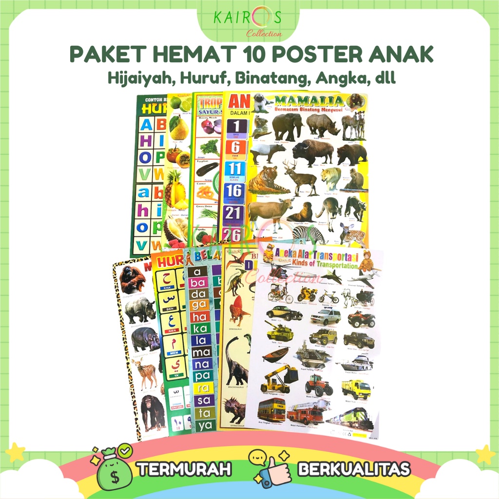 10 Poster Dinding Edukasi Belajar Hijaiyah, Angka, Membaca, Huruf, Angka, Binatang, Kendaraan, Buah