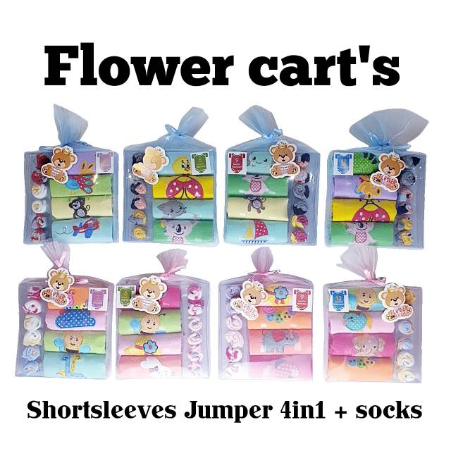 JUMPER LENGAN PENDEK ISI 4PCS + KAOS KAKI 3PASANG FLOWER CART'S  SNI GIFTPACK HADIAH LAHIRAN