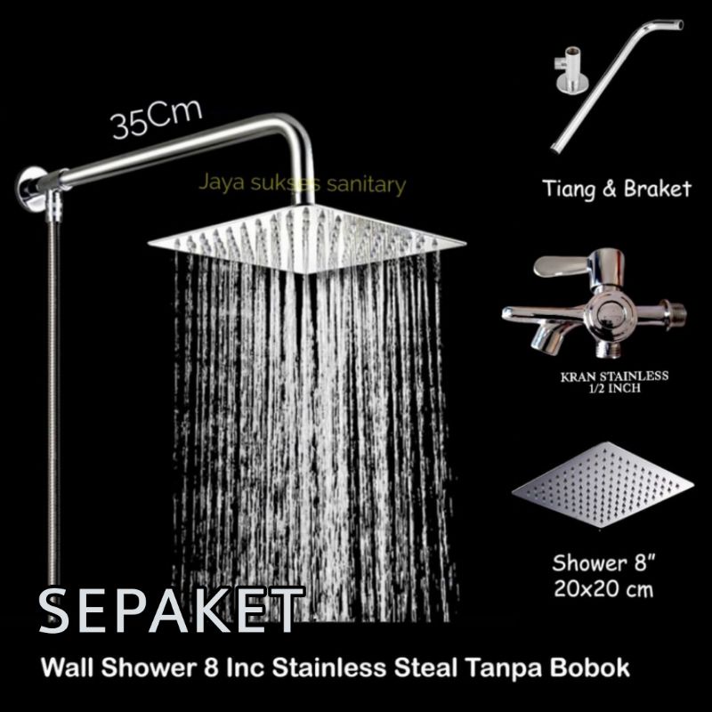 Shower Kamar Mandi Rainfall 8 inch Stainless Satu Set  / Shower mandi Tanpa Bobok Gratis Kran Cabang