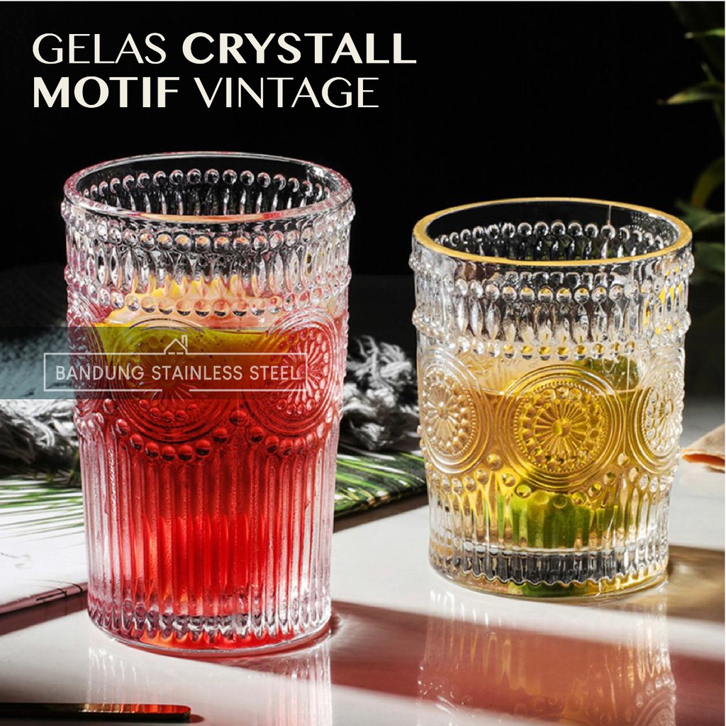 Vintage Retro Gelas Kaca Kristal Gelas Estetik Aesthetic Unik Cantik Drinking Glass motif timbul