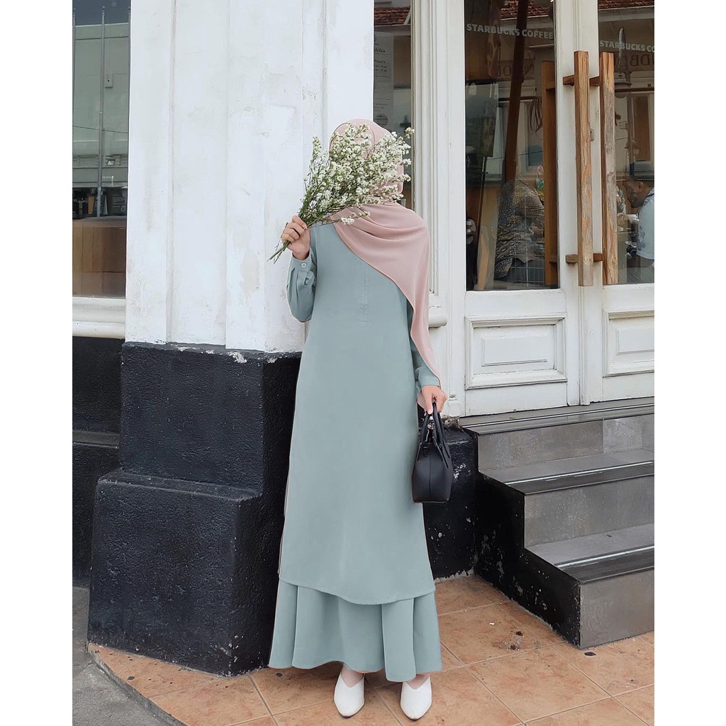 Zalina One Set Setelan Rok + Tunik Wanita Muslim Remaja Busui Jumbo LD 90 - 120 Bahan Paulista Premium Size M L XL XXL / Stelan Tunik Panjang Polos Kekinian 2021 Warna Cream Dusty Terbaru