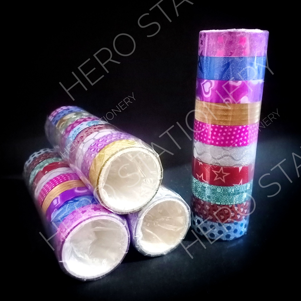 

Selotip cellotape glitter warna 0.5 inch tebal gulungan 2 mm . 10 roll