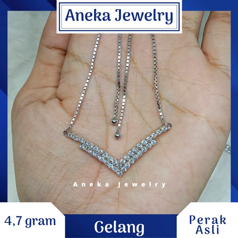 Gelang Serut V Mata2, Perak 925, Lapis Emas Putih