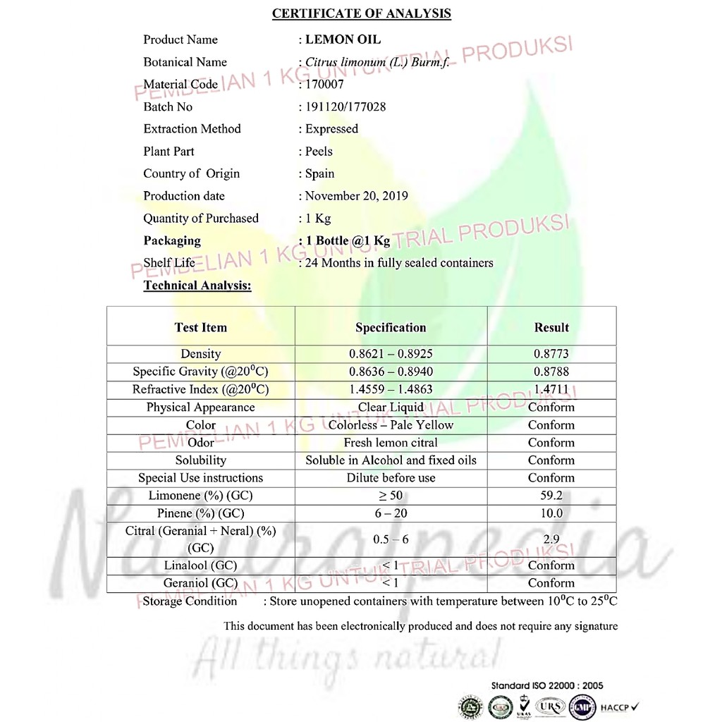 Pure Lemon Essential Oil / Minyak Esensial Atsiri Lemon Murni 1Liter