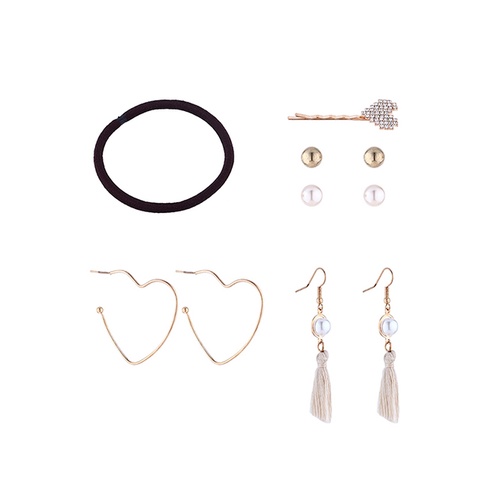 LRC Perhiasan Set Fashion Golden Diamond-shaped Love Pearl Tassel Geometric Earrings Hairpin Set Y64119