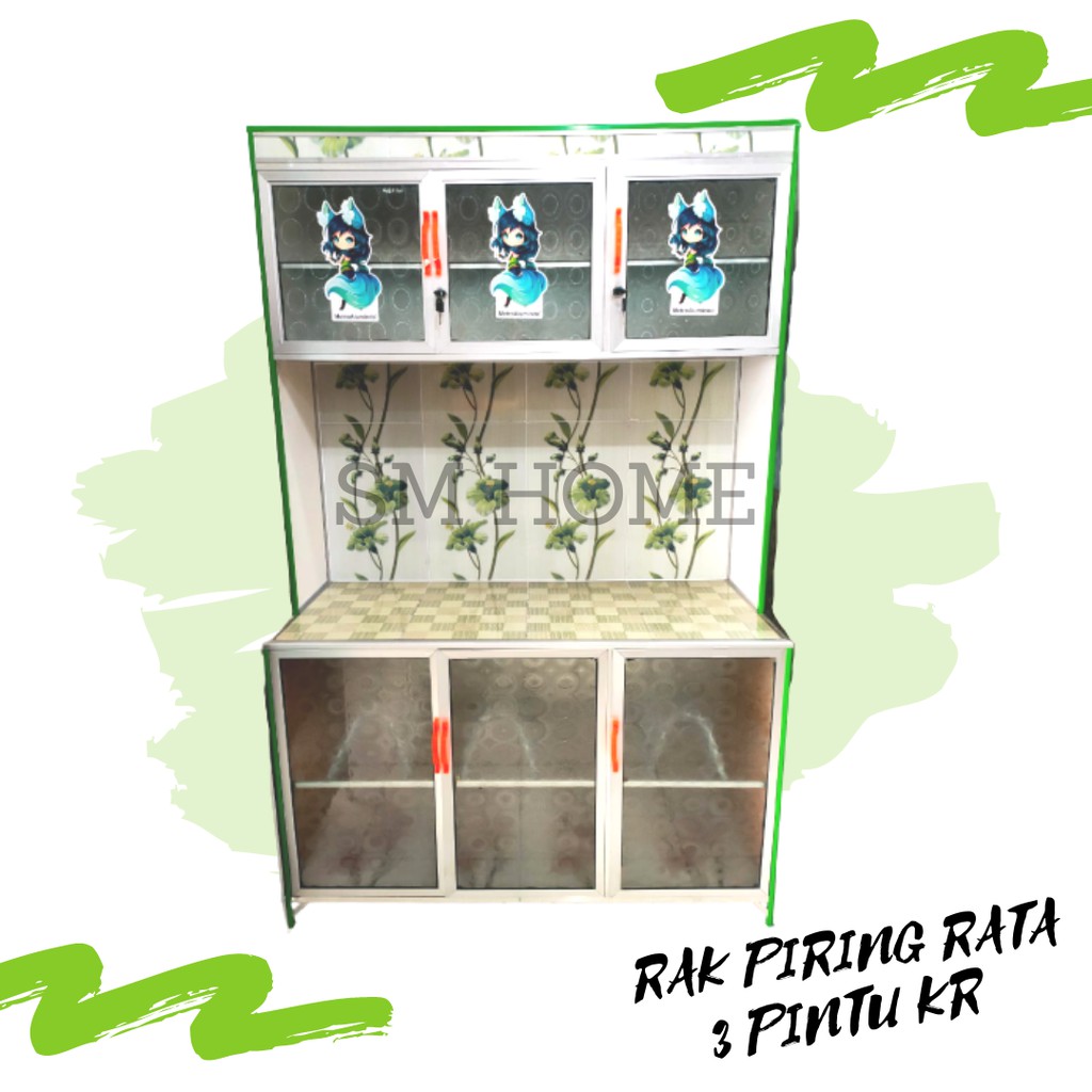 RAK PIRING ALUMINIUM 3PINTU RATA BAWAH KERAMIK KUNCI ATAS LEMARI DAPUR MINIMALIS TIANG WARNA