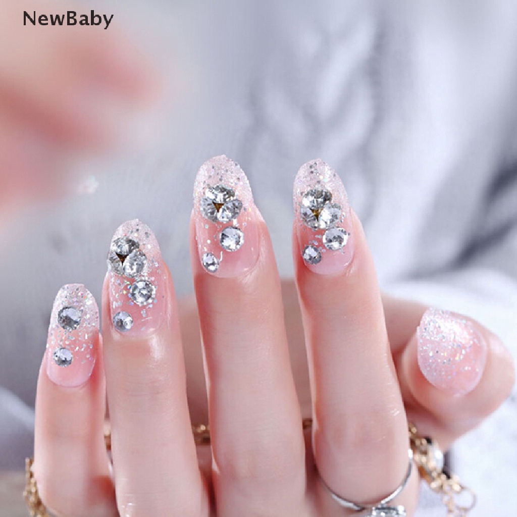 Newbaby 24Pcs / Set Kuku Palsu 3D Aksen Berlian Imitasi pink Transparan Untuk Nail Art / Manicure