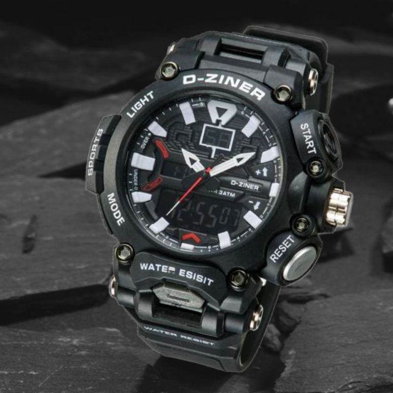 Jam tangan Sporty Original D-ZINER DZ 8298 Black white Dual time include box kaleng
