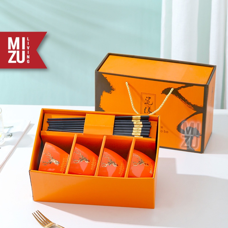 MIZU HIRSCH 4SET Modern Ceramic Bowl Chopsticks Gift Set Mangkok Sumpit