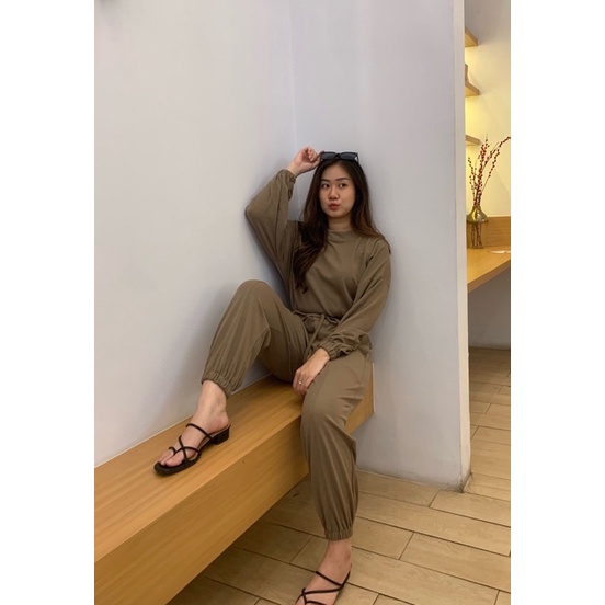 JOSHIN Set croptop ciara - setelan croptop panjang - setelan joger kaos crop waffle