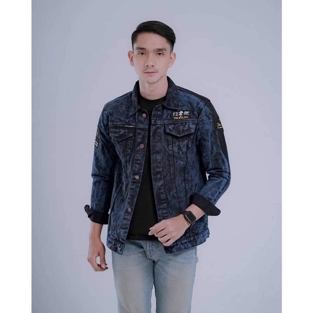 TURUN HARGA ! Jaket Jeans Denim Bordir The Bojiel Pria Jumbo Big Size Cowok Snow Black Sandwash Hitam Oversize Premium Quality