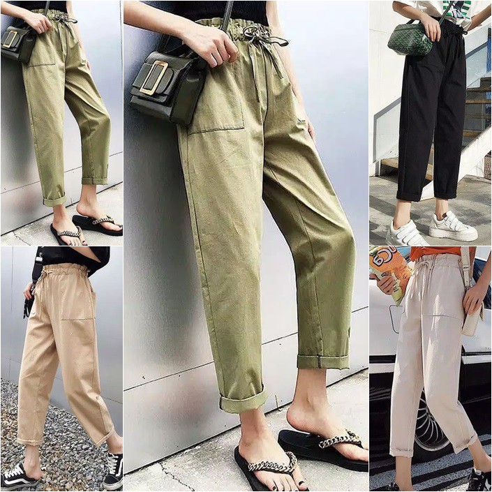 Celana Wanita Murah - Khansa Long Pants Linen Rami Karet Pinggang - Bawahan Wanita Muslim <