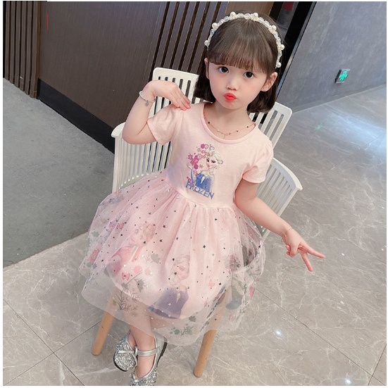 DRESS &quot;FROZEN NEW&quot; LENGAN PENDEK 100-140 LAYER KEMBANG FROZEN ELSA BUNGA TAG FROZEN