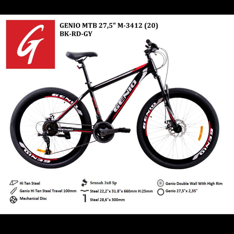 Sepeda Gunung MTB 27.5 Genio M3412 BY United Frame Hi Ten Steel Garansi Kredit Cicilan COD SNI-BK RD GY
