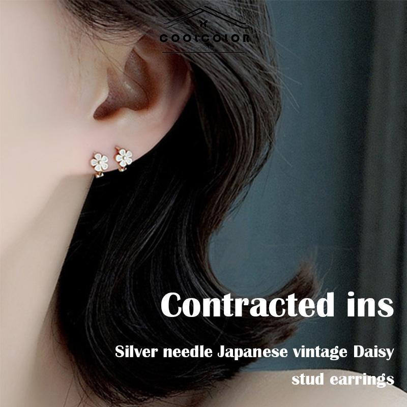 COD 1 Sepasang S925 Silver Retro Daisy Earrings Anting Hoop Sederhana Desain Niche Gesper Telinga- cl