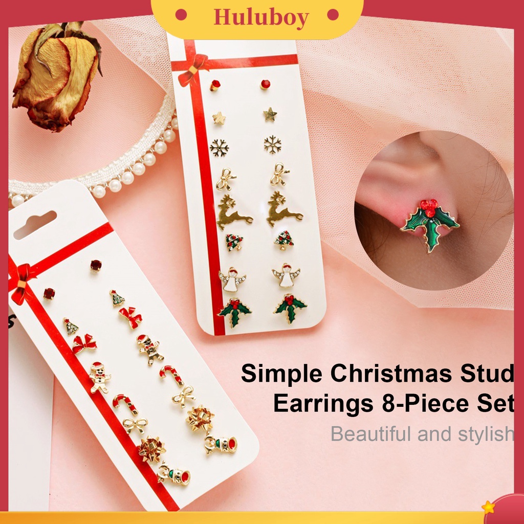 Hu Hu Hu Hu Hu Alat Bantu Pasang Kacamata♡ 8 Pasang / Set Anting Tusuk Desain Pita / Pohon Natal / Snowman Hias Berlian Imitasi Gaya Klasik Untuk Wanita