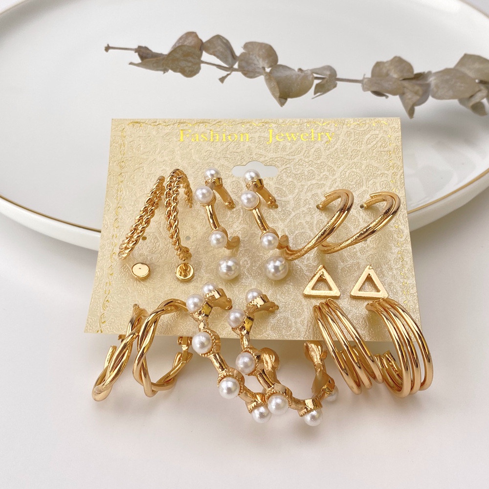 【COD Tangding】9 Pair/set Advanced Good Quality Pearl Earrings Set for Women Gold Earring Creative Retro Earings Fashion Accessories