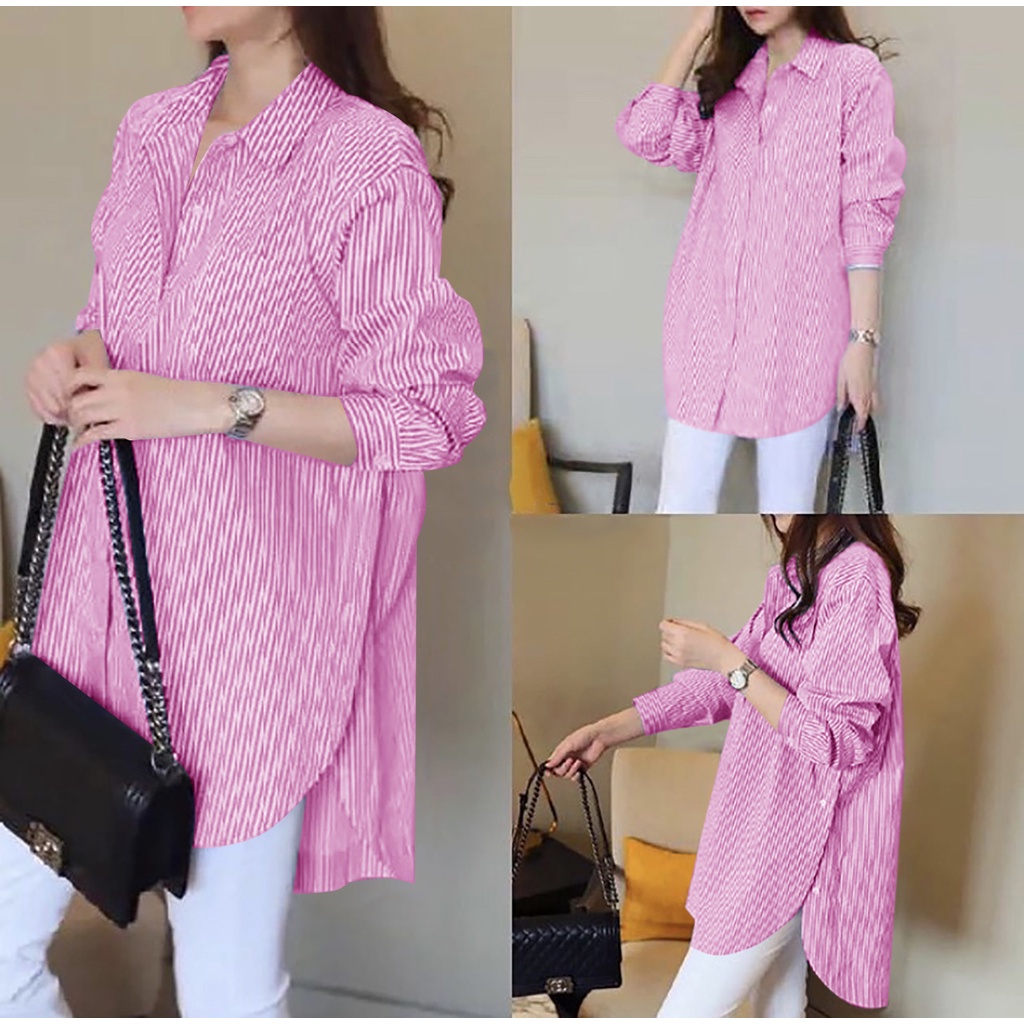 WSE390 - Kemeja Oversize Caca XXL BIG SIZE Katun Salur UK XXL LD 106 CM PJ 78 CM PREMIUM QUALITY