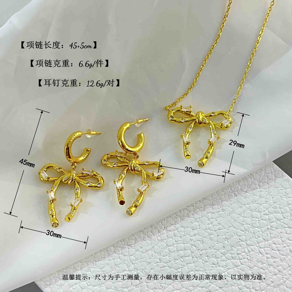 Goldkingdom Perhiasan Fashion Emas Asli Kadar 375 Bangkok Aksesoris Ready Stock Busur Berlian Vintage Dengan Kepribadian Minimal Anting Kalung