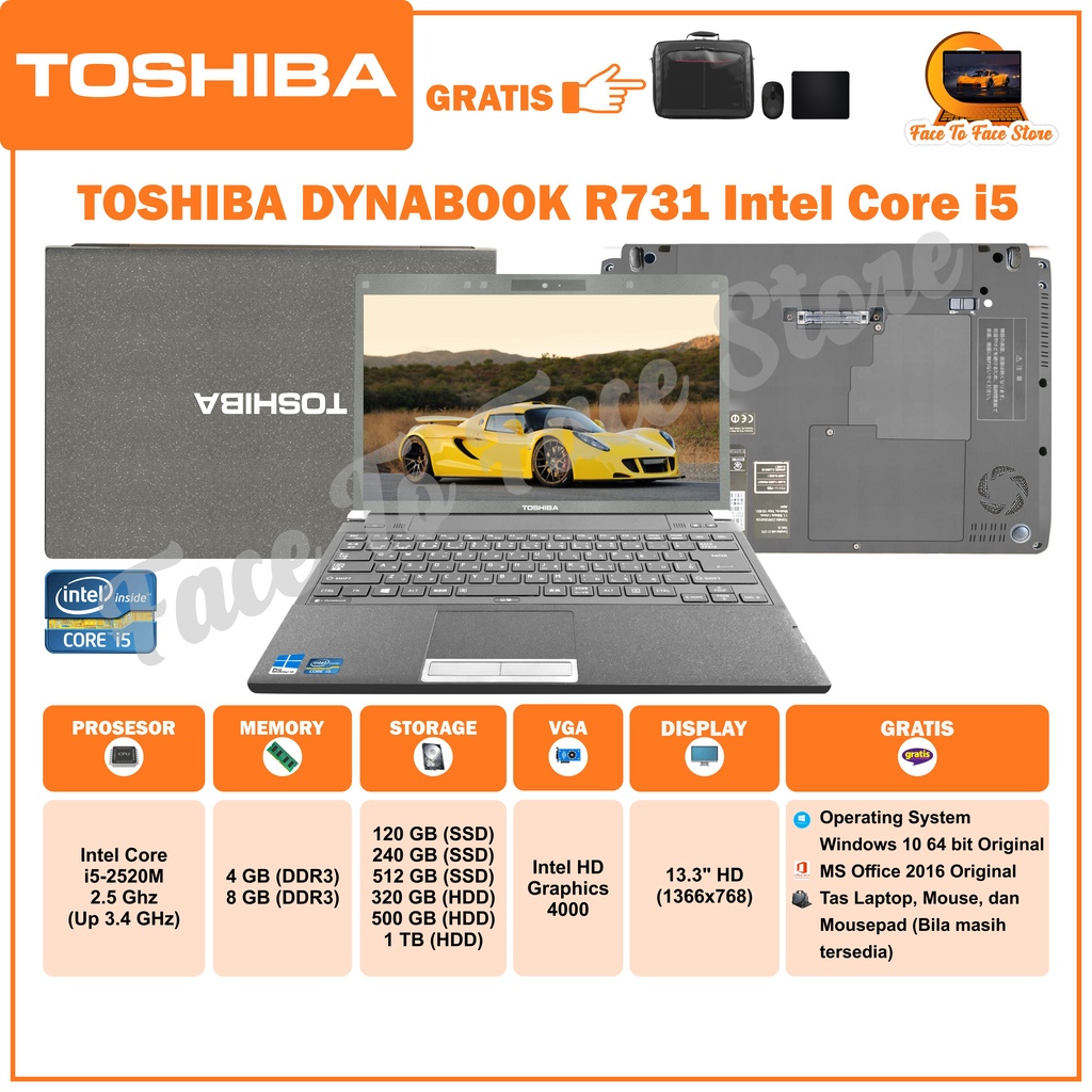 Laptop Terlaris.Toshiba Dynabook R731.Intel Core i5 Generation2.Ram 4GB/8GB.HDD 320GB/500GB/1TB  SSD