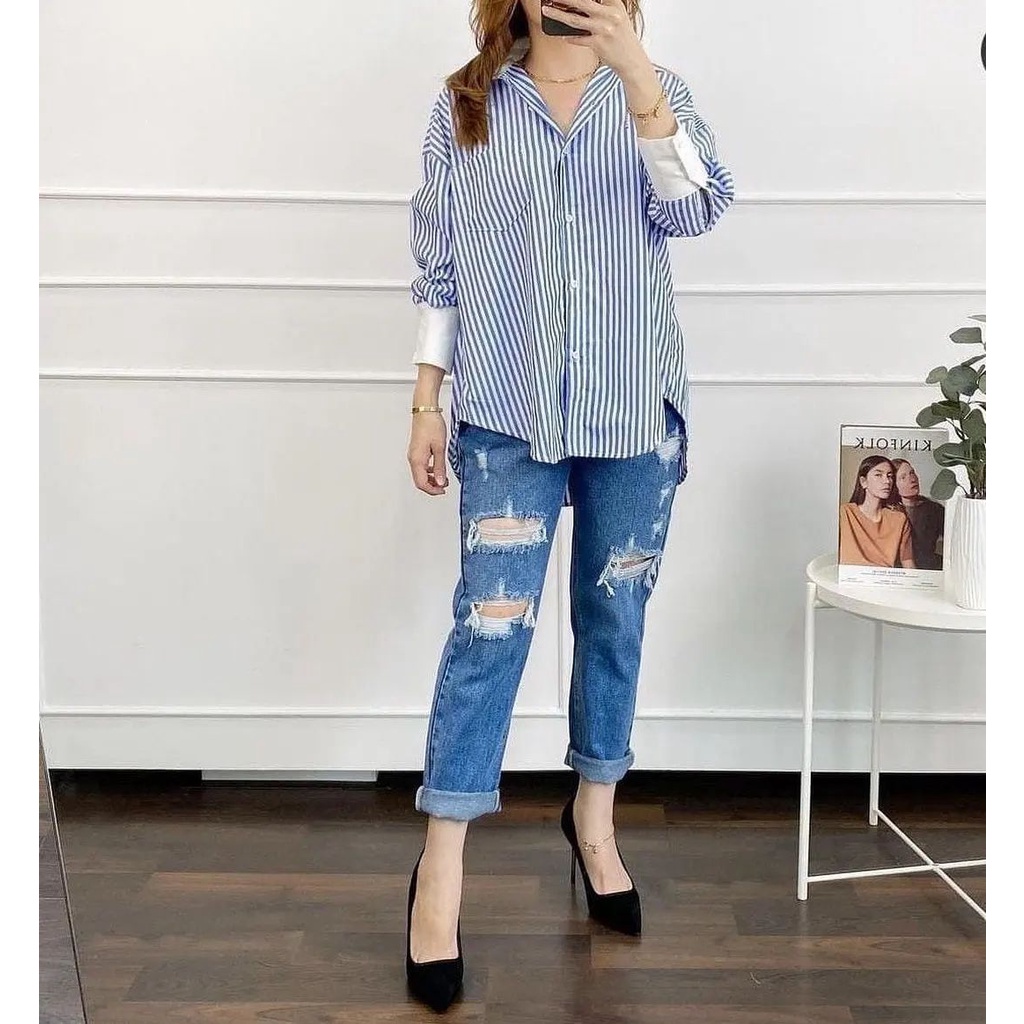 Blus Wanita Yosi Hem Kmeja Katun Salur Kotak  Baju Atasan Muslimah Blouse Wanita Pakaian Kerja Korea