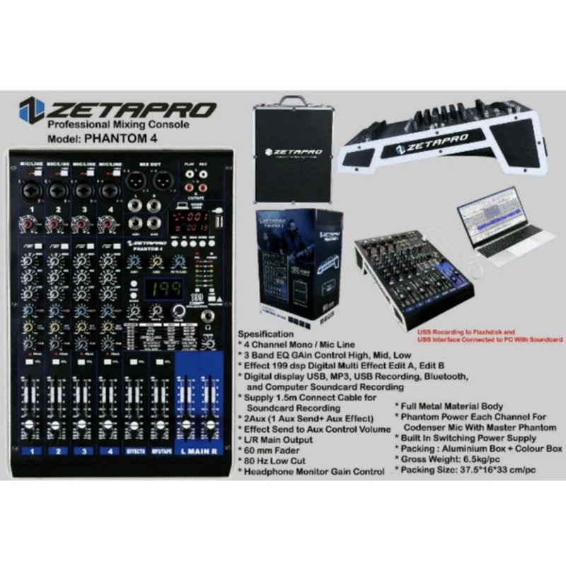 Mixer zetapro phantom 4 original 4 channel usb bluetooth