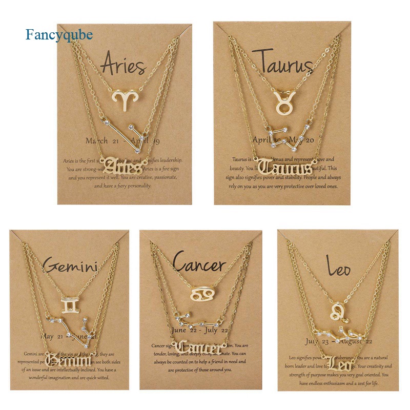 Fancyqube 3pcs / Set Kalung Liontin 12 Zodiak Kanker Leo Scorpio Warna Emas Untuk Hadiah
