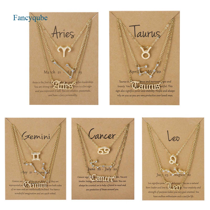 Fancyqube 3pcs / Set Kalung Liontin 12 Zodiak Kanker Leo Scorpio Warna Emas Untuk Hadiah
