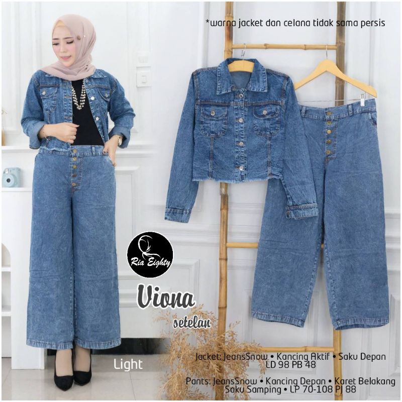 Viona setelan jeans wanita atasan jacket bawah kulot jeans snow ld 98 by Riaeighty
