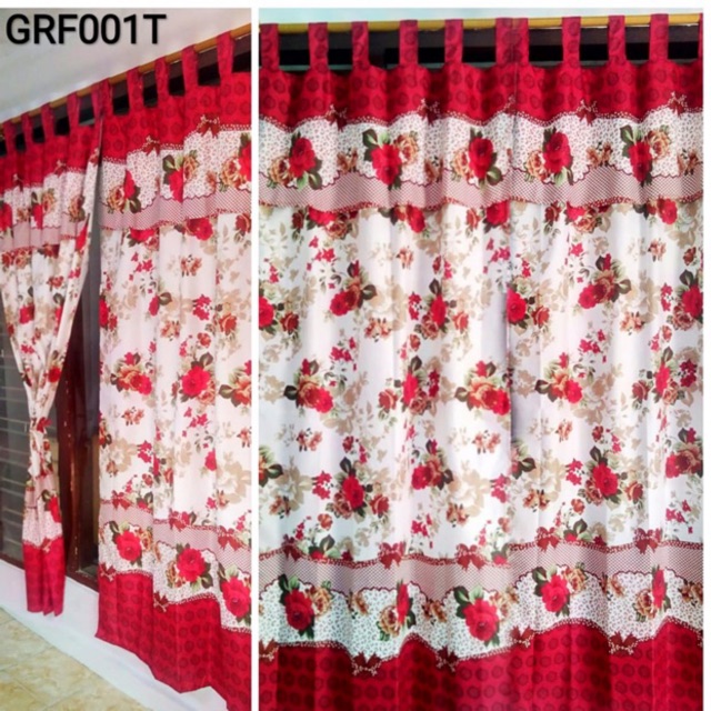 [ PINTU DAN JENDELA ] GORDEN TALI + PONI MOTIF BUNGA KEMBANG MERAH DASAR PUTIH