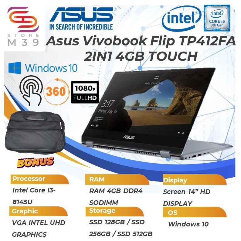 LAPTOP ASUS VIVOBOOK FLIP TP412FA 2IN1 TOUCH CORE I3 8145 RAM 4GB 512SSD WINDOWS10 14.0FHD