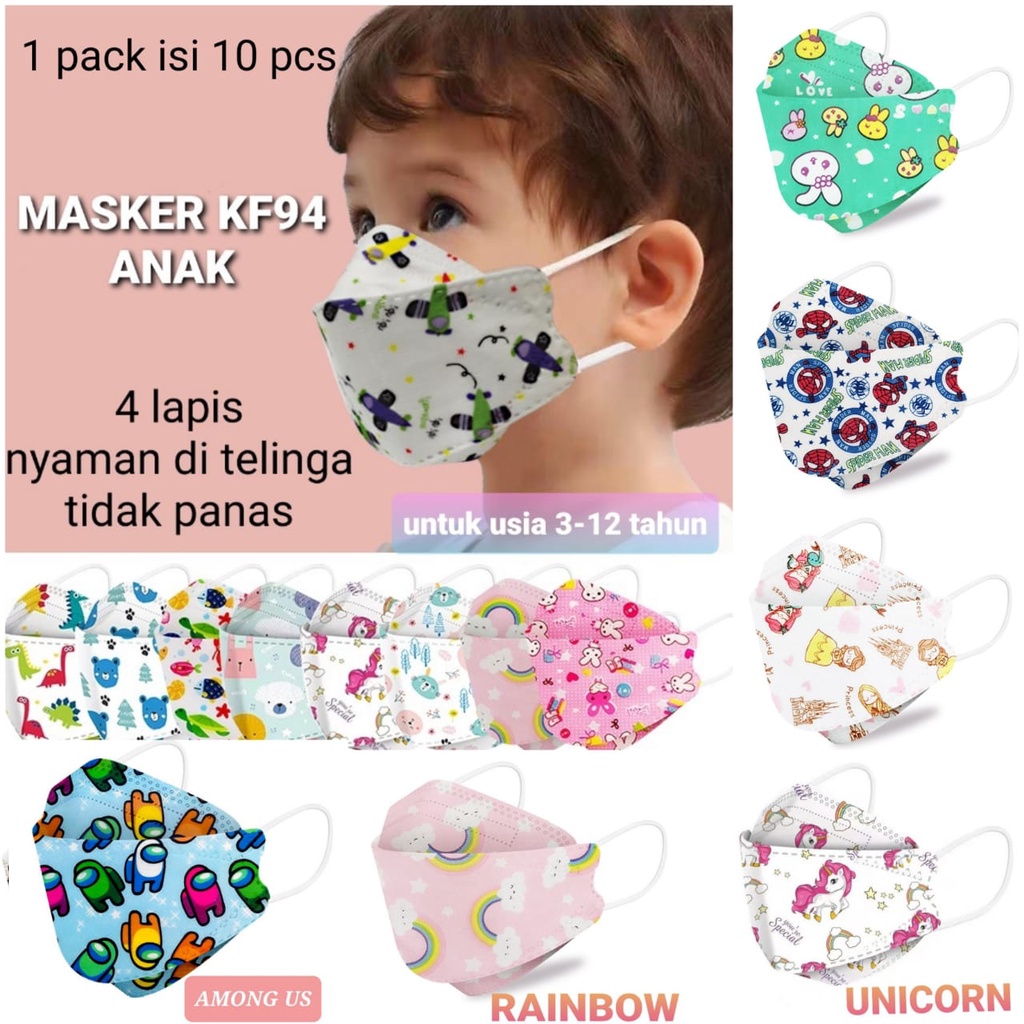 MASKER KF94 ANAK 4 PLY ALA KOREA POLOS MOTIF PRINCESS UNICORN SPIDERMAN MEDIS NYAMAN TIDAK BAU