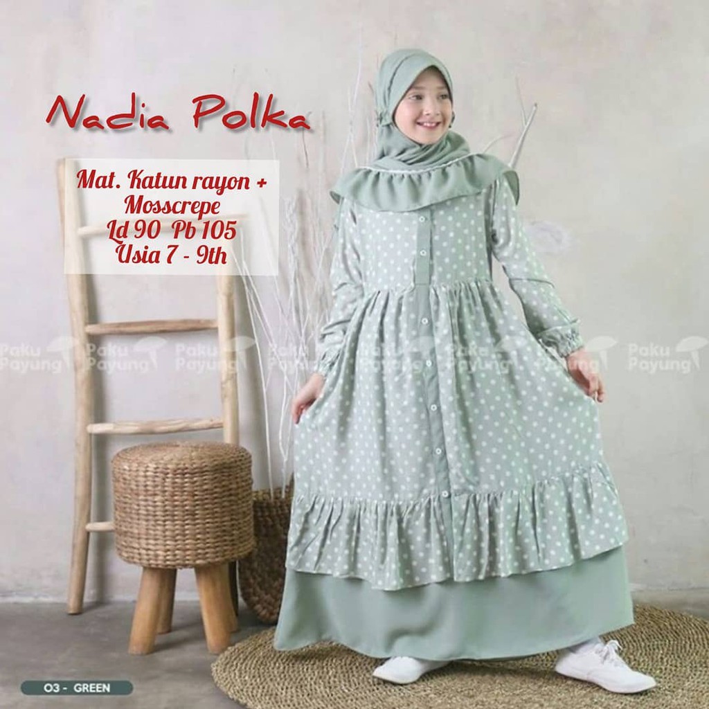 Gamis Anak Kekinian Nadia Polka CG Bahan Katun Dress Kids Fashion Baju Muslim Anak Modern Outfit Ana