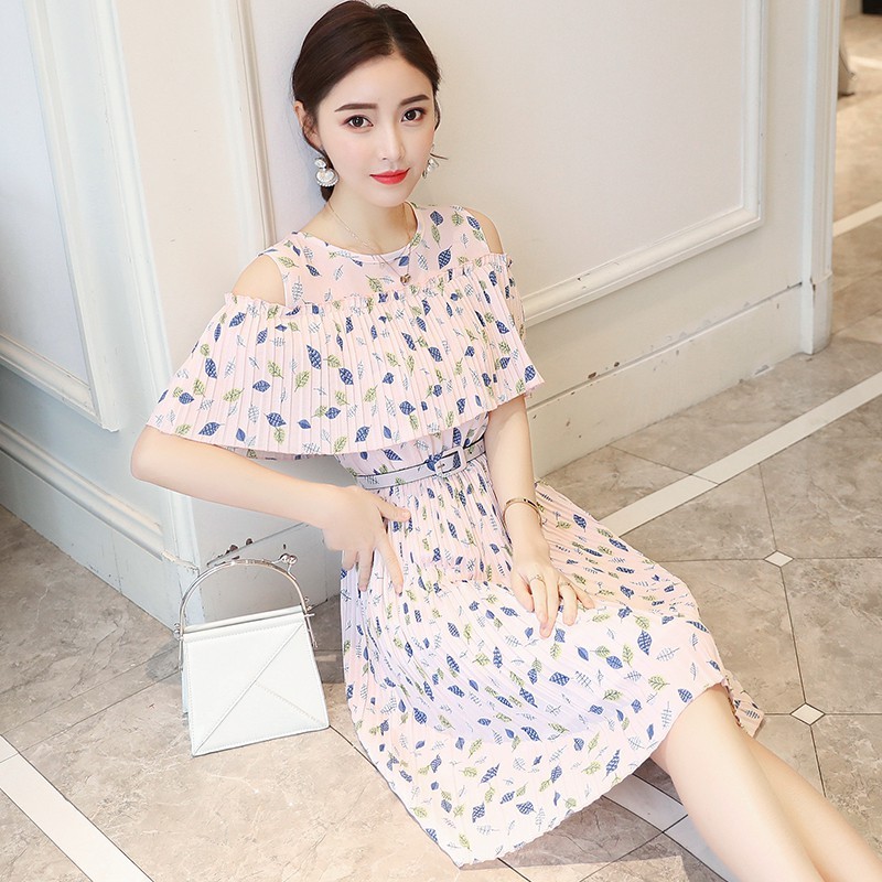 \u2764Dress Midi Model Bahu Off Shoulder Slim Bahan Sifon Gaya Korea