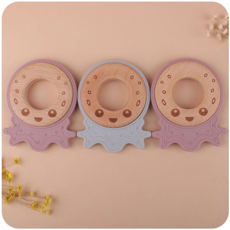 Mary Mainan Teether Silikon Bentuk Gurita Kartun Dengan Ring Kayu Untuk Bayi