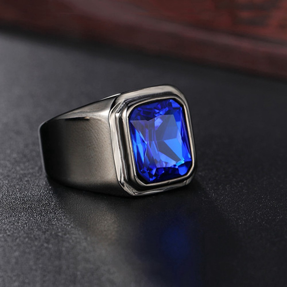 Cincin Kasual Batu Permata Kristal Safir Ruby Baja Titanium Hitam Aksesoris Perhiasan Fashion Pria Wanita Rings