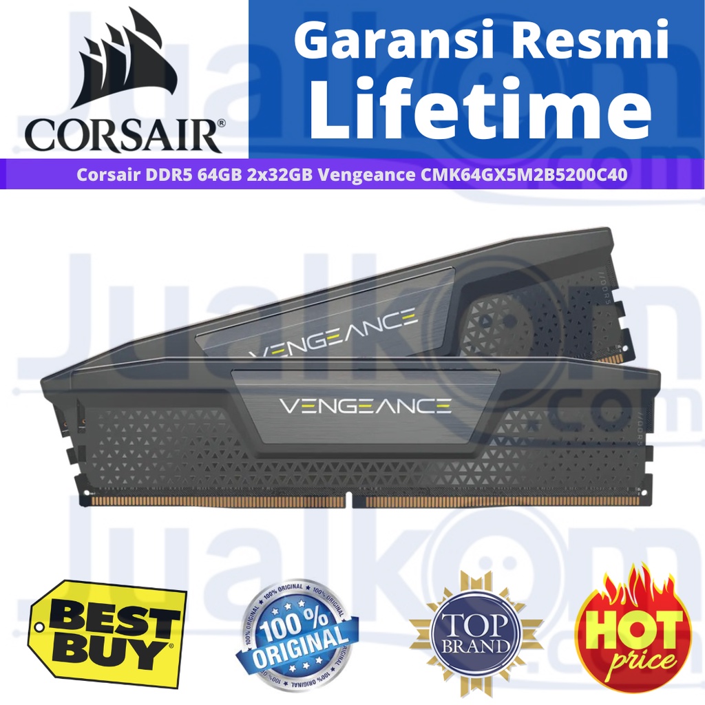 CORSAIR VENGEANCE 64GB (2x32GB) DDR5 DRAM 5200MHz CMK64GX5M2B5200C40 Resmi