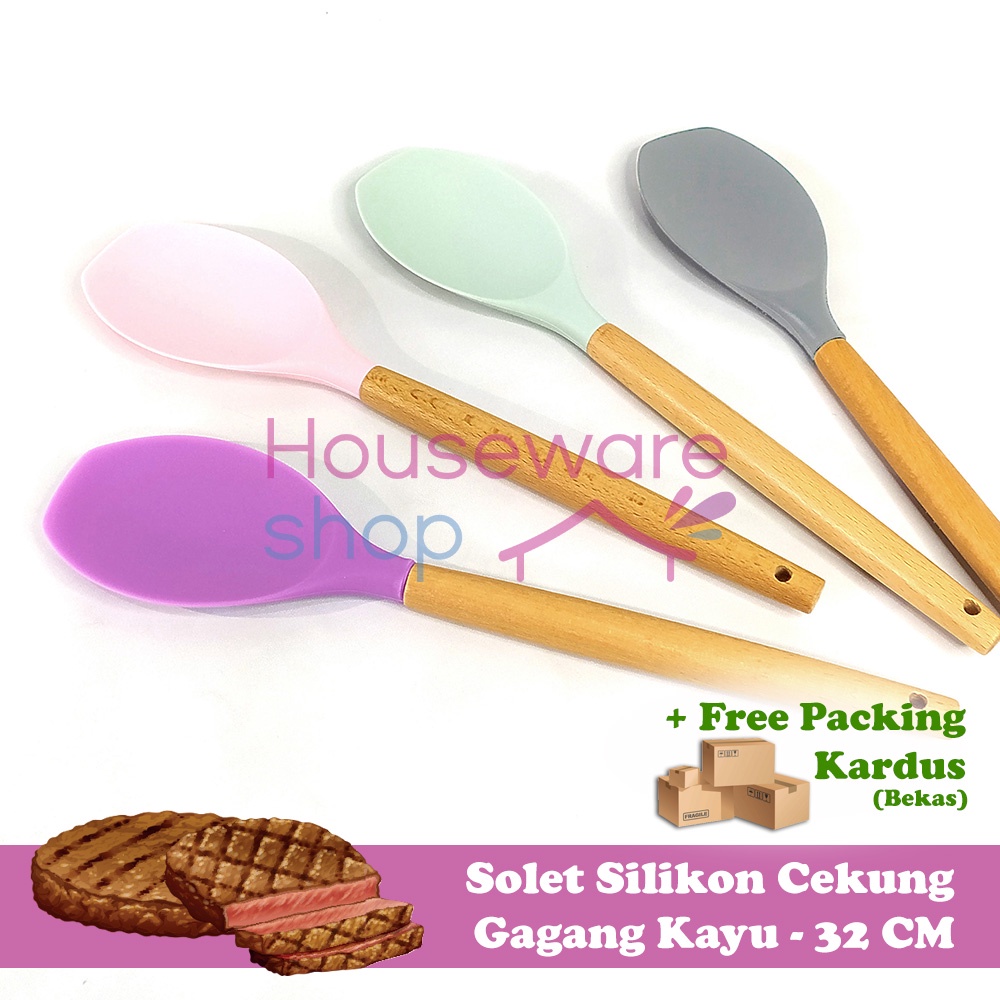 Solet Spatula Silikon Cekung Gagang Kayu  Tahan Panas - 32 CM