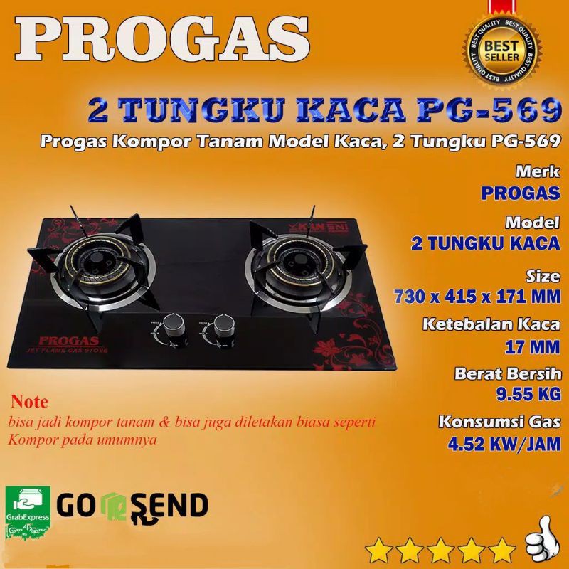 Progas , Kompor Gas , 2 Tungku GAS GAS , Tanam Kaca Anti pecah , Api Tornado