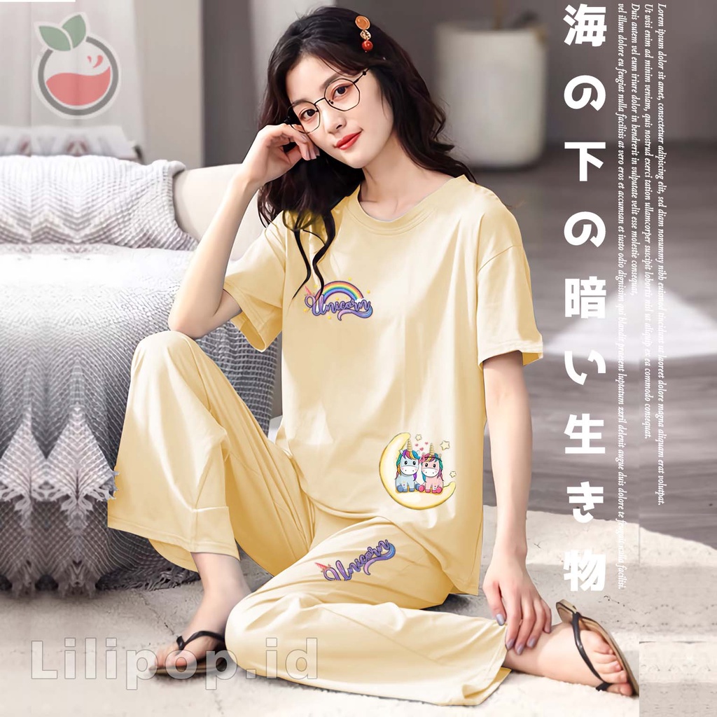 Baju Tidur Stelan Wanita Celana Panjang Dewasa Allsize Cp-Unicorn kuning