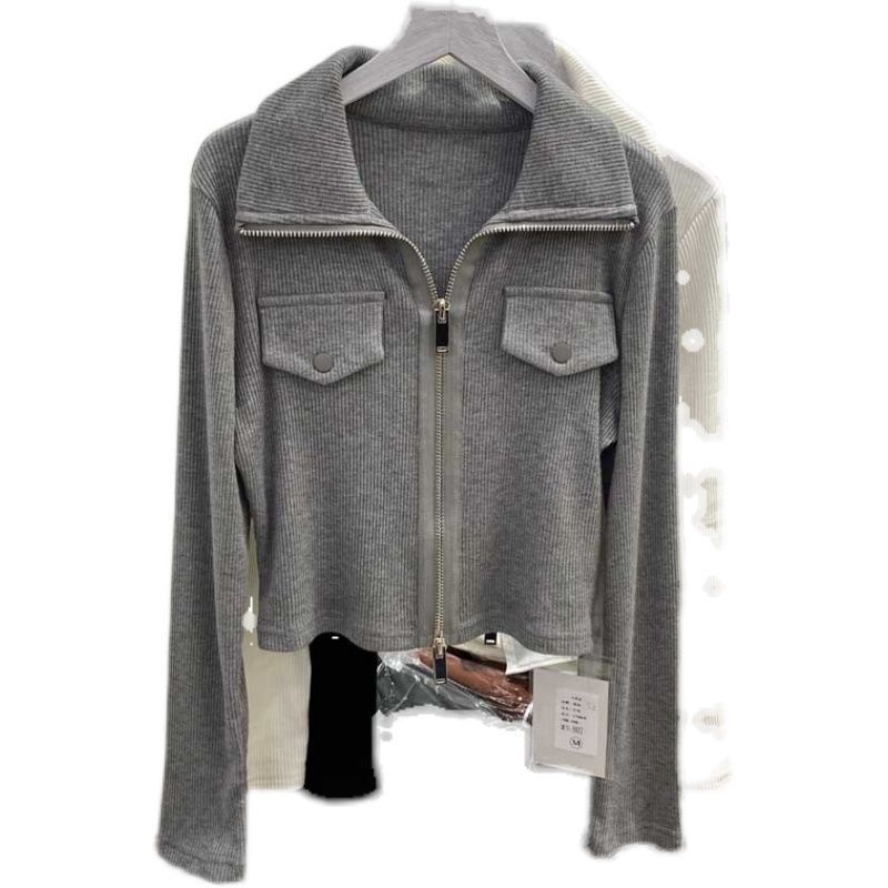 Suhao American Top Lapel T-Shirt Lengan Panjang Wanita Musim Dingin Cardigan Slim Fit Bottoming Top