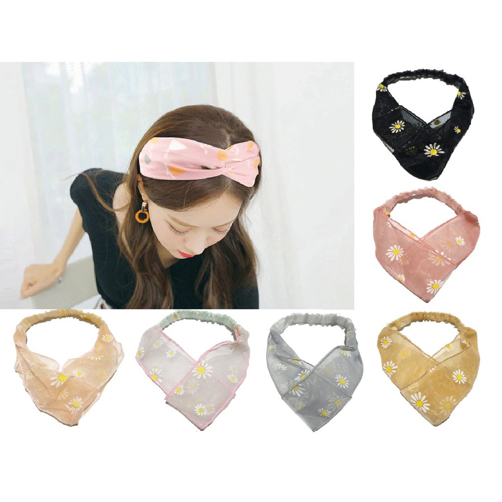 Bando Bahan Sifon Bandana Korea Chiffon Motif Bunga Daisy Untuk Aksesoris Rambut Wanita Mesh Twist Knot Wide Headband