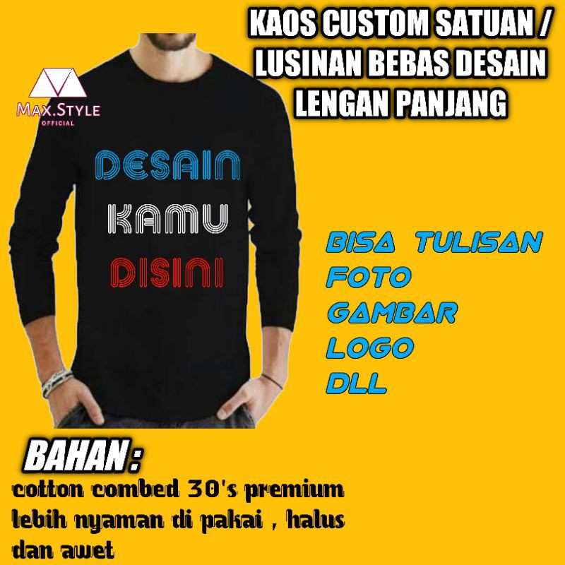 Kaos Sablon Custom Lengan Panjang Foto Gambar Kata Desain Sendiri Satuan