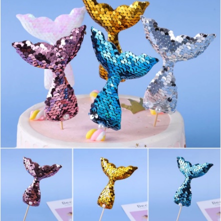 Topper Kue Bentuk Ekor Mermaid Aksen Glitter Untuk Dekorasi Pesta Ulang Tahun