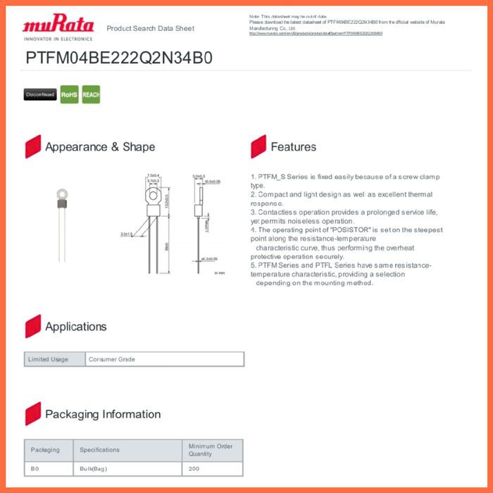 RK MURATA PTC Thermistor PTFM04BE222Q2N34B0