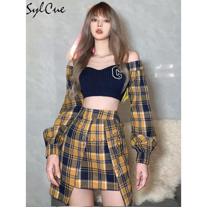 sylcue jahitan pemuda warna kontras kotak-kotak indah liar kerah satu garis atasan pendek lengan pan