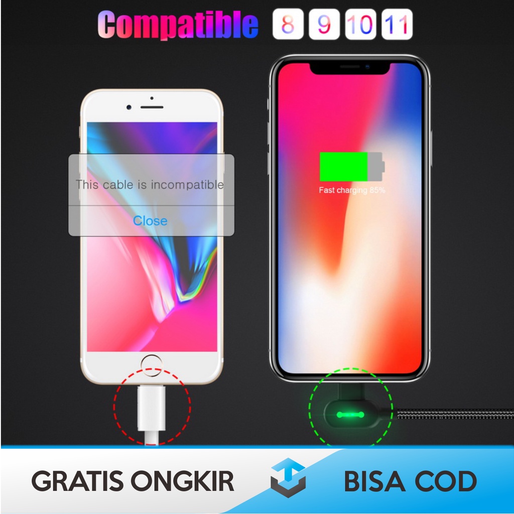 KABEL CHARGER L SHAPE 90 DERAJAT MCDODO DENGAN INDIKATOR LED HIJAU ORI